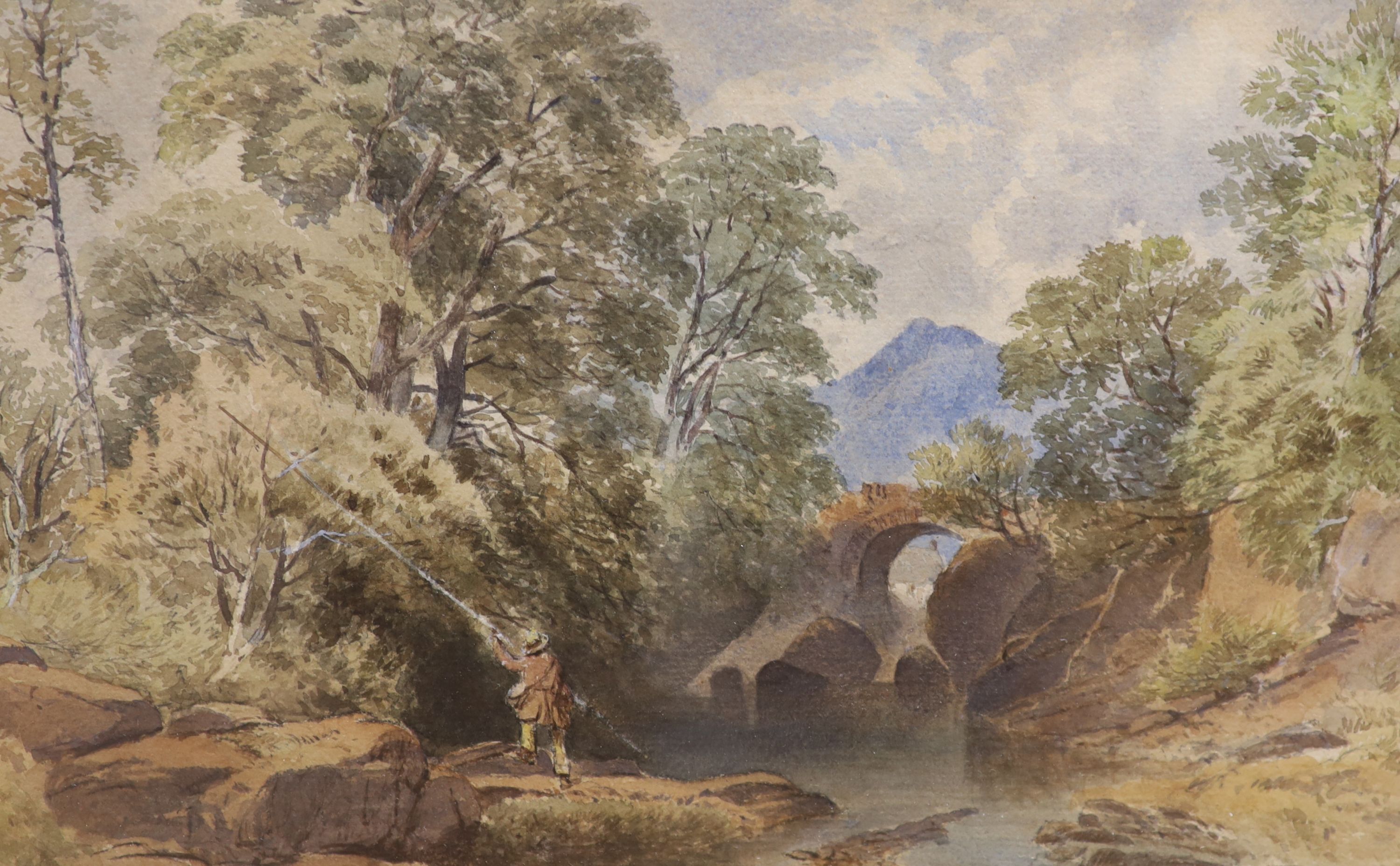 Victorian School, three watecolours, Horse and cart beside a church, Angler in a landscape and Pine tree in a landscape, largest 33 x 49cm